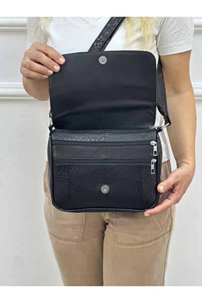 Deribag Genuine Leather, Medium Size, Cross Strap, Women's Shoulder Bag, Black Patterned 25*21*8 cm