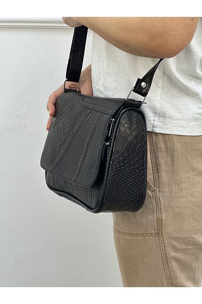 Deribag Piele autentică, mărime medie, curea încrucișată, geantă de umăr pentru femei, cu model negru 25*21*8 cm
