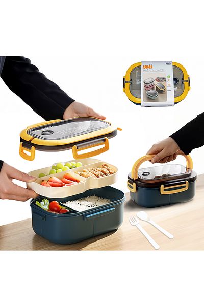 YAH Creation YAH Bento Lunch Box - Leak-Proof, BPA-Free, 2 Layers, Microwave & Dishwasher Safe, Includes Cutlery