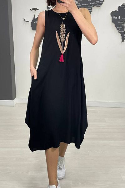 AYASOFYA OTANTIK Women's Black Crew Neck Embroidery Detailed Pocket Sleeveless Midi Dress