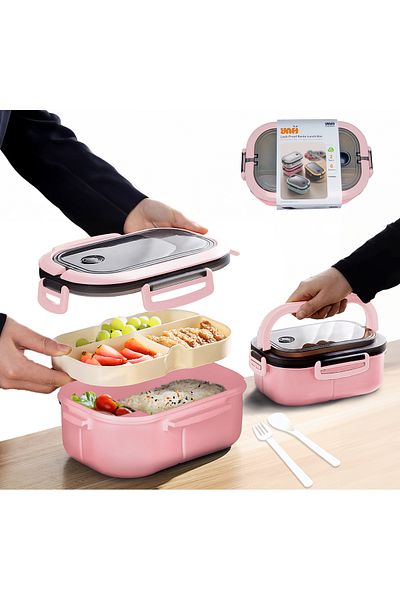 YAH Creation YAH Bento Lunch Box - Leak-Proof, BPA-Free, 2 Layers, Microwave & Dishwasher Safe, Includes Cutlery