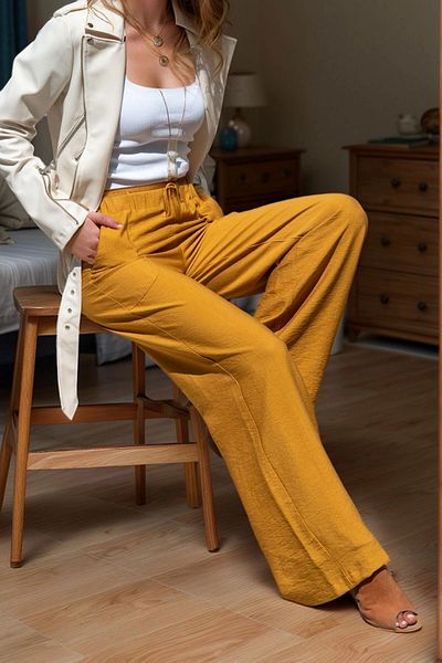 bacc Women's Mustard Linen Elastic Waist Loose Trousers Bcbsk-25700-2933
