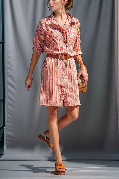 bacc Women's Tile Double Pocket Striped Shirt Dress Bcbsk-25700-2916