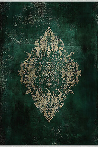 TNYLOF Zümrüt Yeşili Vintage Halı – Eskitme Altın Motifli | Kaymaz Taban | Lü...