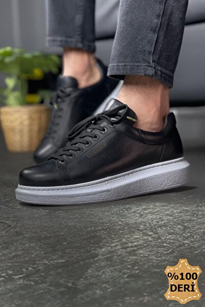 pabucmarketi Lace-Up Genuine Leather Men's Sports Shoes Black