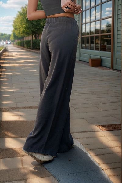 bacc Women's Black Linen Elastic Waist Loose Trousers Bcbsk-25700-2933