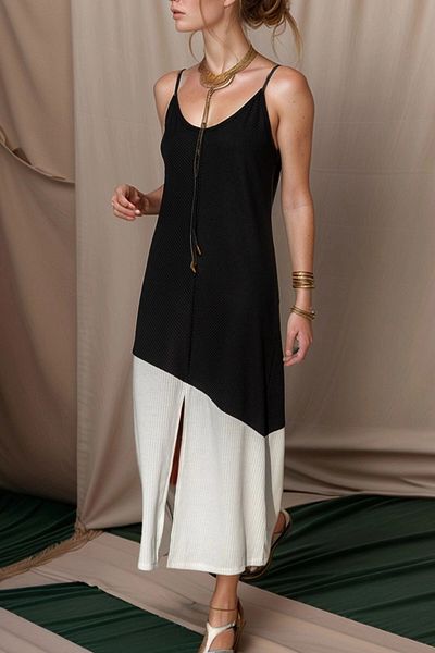 bacc Rochie lungă cu bretele cu bretele cu bretele asimetrice negre pentru femei Bcbsk-25700-2898
