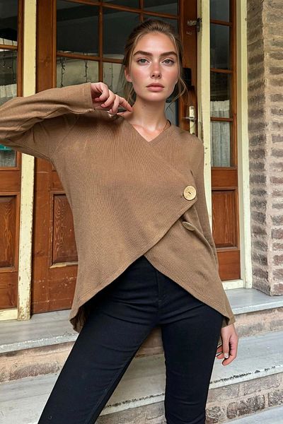 bacc Women's Brown Shawl Collar Asymmetrical Cut Buttoned Loose Cardigan Bcbsk-25700-3328