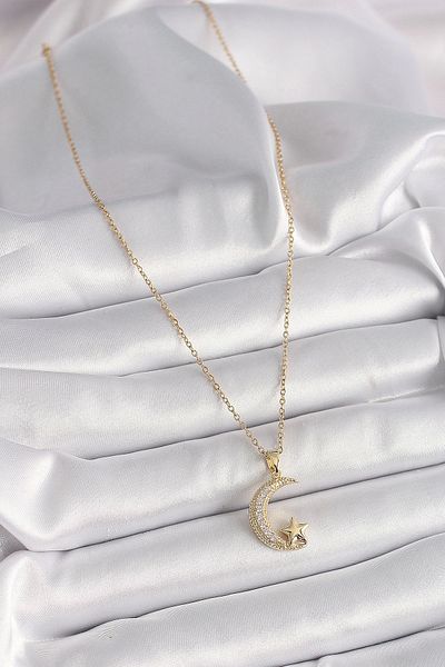 Clariss 316L Steel Gold Color Chain Zircon Stone Crescent Model Star Detail Women's Necklace