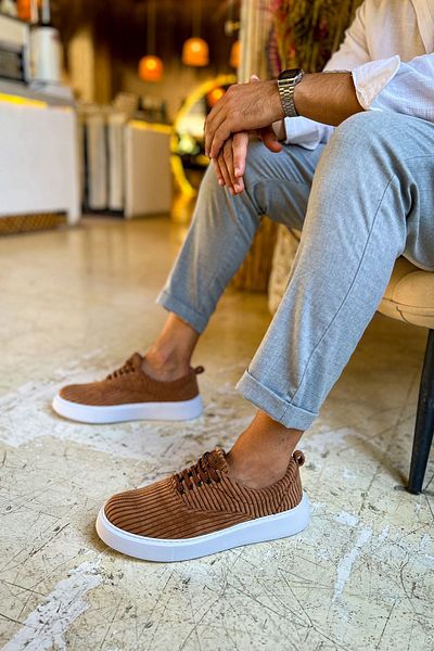 pabucmarketi Lace-Up Velvet Fabric Men's Casual Shoes Tan