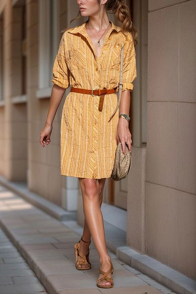 bacc Women's Mustard Double Pocket Striped Shirt Dress Bcbsk-25700-2916