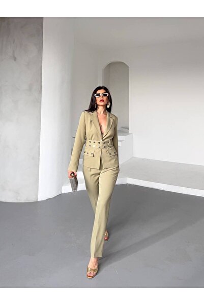 Bella Breeze Women's Staple Belt Detailed Snap Jacket Palazzo Pants Stylish Suit