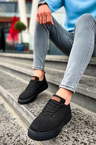pabucmarketi Lace-Up Knitwear Fabric Men's Sports Shoes Black