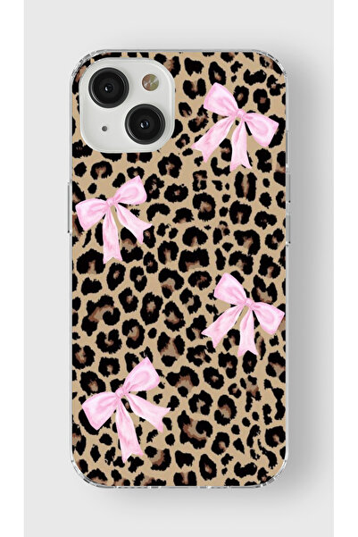 moonset Iphone 14 Uyumlu Leopar ve Fiyonk Tasarımlı Baskılı Şeffaf Telefon Kı...