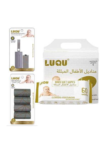 LUQU BABY Bag Dispenser Refills (6X60) and Dispenser, Aloe Vera & Vitamin E, 4x60, Water Wet Wipes