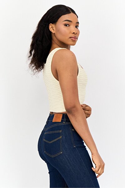 Don't Call Me Jennyfer Women Square Neck Sleeveless Textured Tank Top, Beige