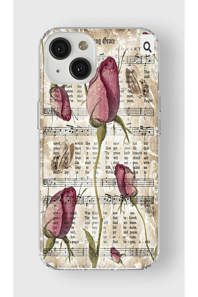 moonset Iphone 15 Plus Uyumlu Çiçek ve Notalar Tasarımlı Baskılı Şeffaf Telef...