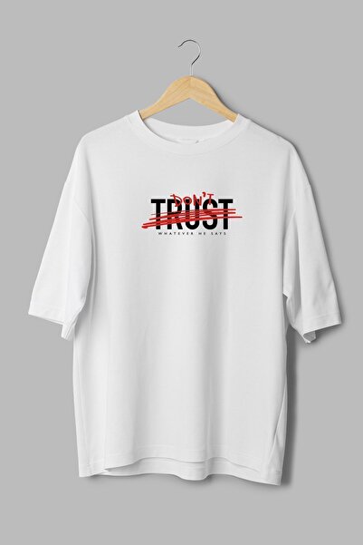 Overoz Біла унісекс-футболка оверсайз - 100% бавовна, комір-стійка, принт «Don't Trust» T1103