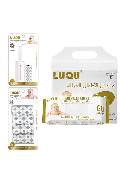 LUQU BABY Bag Dispenser Refills (6X60) and Dispenser, Aloe Vera & Vitamin E, 4x60, Water Wet Wipes