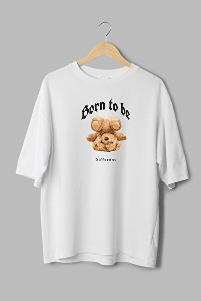 Overoz Teddy Bear Pattern - 100% Cotton Oversize Crew Neck Λευκό T-Shirt T1095