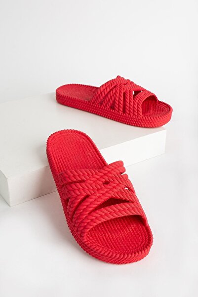 Daxstors Kadın Terlik Kirmizi Hasır Bant Kaymaz Tabanlı Yumuşak Esnek Banyo Balkon Plaj Sokak Eva terlik