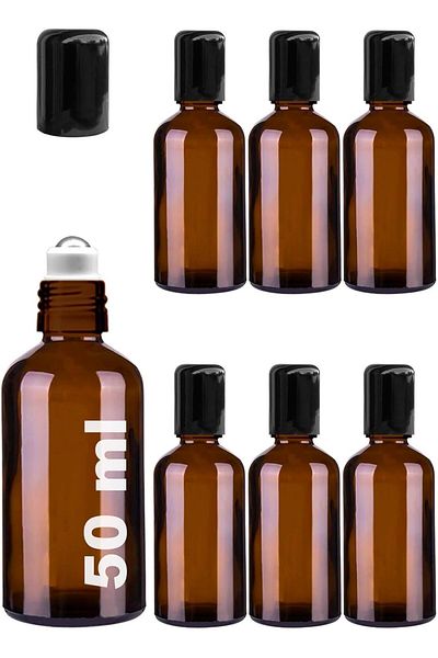 STOREMAX Ezg 50 ml Steel Roll on Bottle 50 Cc Leak Proof Black Cap Glass Bottle 6 Pieces (Amber, 50) Ezs