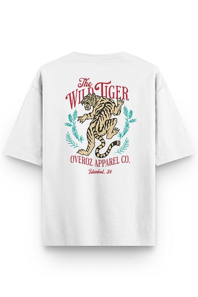 Overoz White Oversize Tshirt Tiger Back Printed Oversize Written Unisex T-Shirt 1373