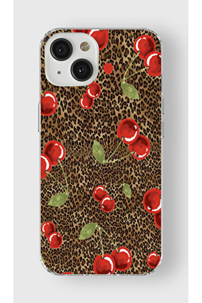 moonset Iphone 13 Mini Uyumlu Leopar ve Kiraz Tasarımlı Baskılı Şeffaf Telefo...