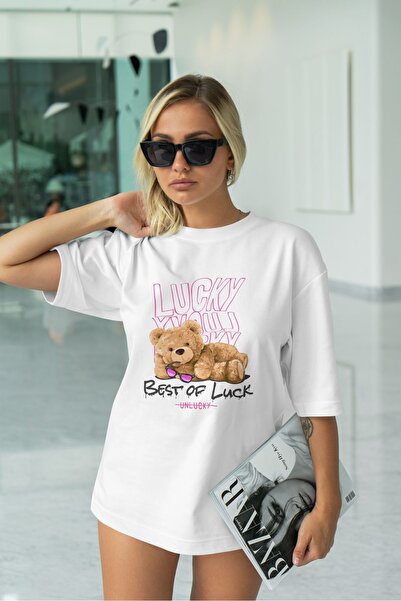 Overoz Unisex Λευκό Oversize Το καλύτερο από το Lucky T-Shirt Teddy με στάμπα Oversize Tshirt T1001