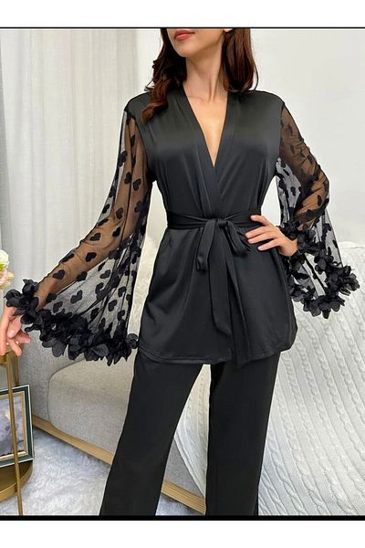 SATTENS Set de pijamale de dormit din satin cu volane, cu detaliu elegant din dantela, cu brâu