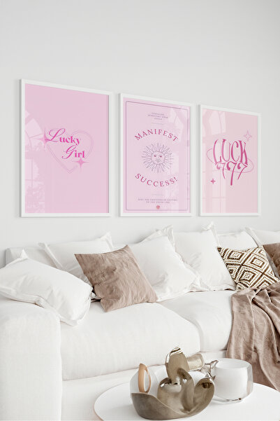 Home Pembe 3'lü Olumlamalar, Genç Kız Odası Dekoru, Salon Dekoru ,Oturma Odası Dekoru Çerçevesiz Set
