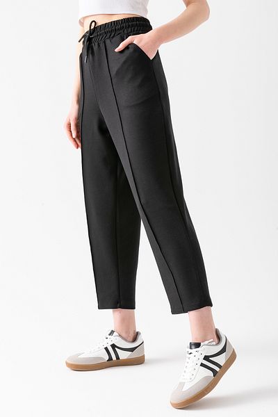 CNRCollection Women's Black Elastic Waist Pocket High Waist Front Ribbed Balloon Mold Modal Fabric Balloon Pants