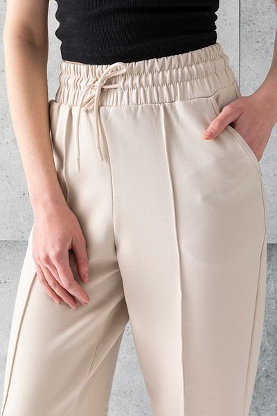 CNRCollection Women's Beige Elastic Waist Pocket High Waist Front Ribbed Balloon Mold Modal Fabric Balloon Pants
