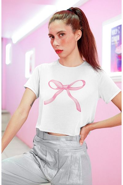 Fuddy Moda Ροζ κορδέλα με στάμπα Crop Top, Γυναικεία μπλούζα με στάμπα με κορδέλα