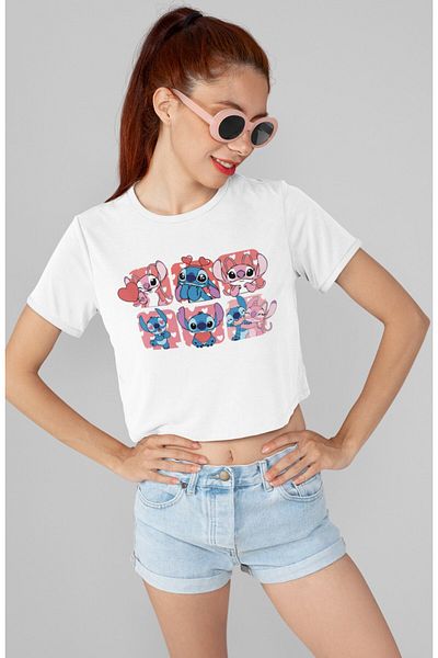 Fuddy Moda Stich and Angel Heart Printed Crop Top, Women's Cartoon Themed Crop Blouse