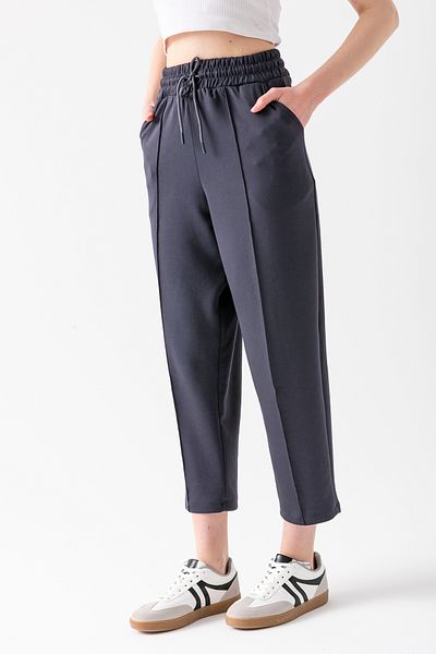 CNRCollection Women's Smoked Elastic Waist Pocket High Waist Front Ribbed Balloon Mold Modal Fabric Balloon Pants