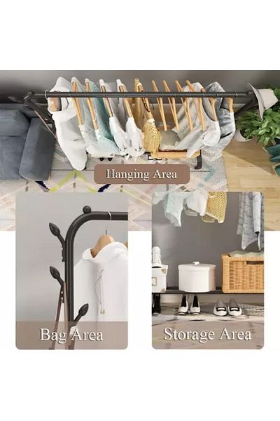COOYA Metal Clothes Hanger With Storage Shelves, Hooks, 110x54x150cm, Organizer for Hanging Clothes