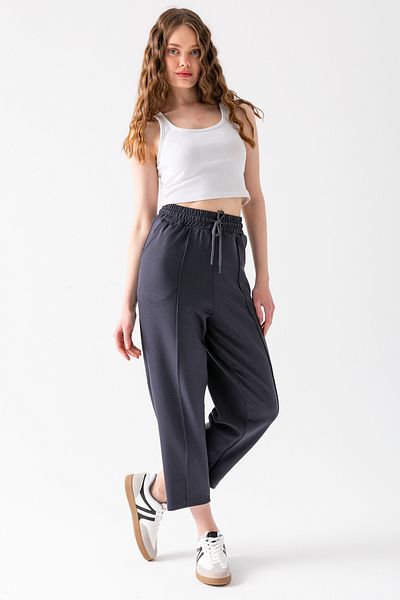 CNRCollection Women's Smoked Elastic Waist Pocket High Waist Front Ribbed Balloon Mold Modal Fabric Balloon Pants