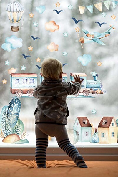 KT Decor Set de autocolante de perete pentru camera copiilor Sky Dream Train Journey