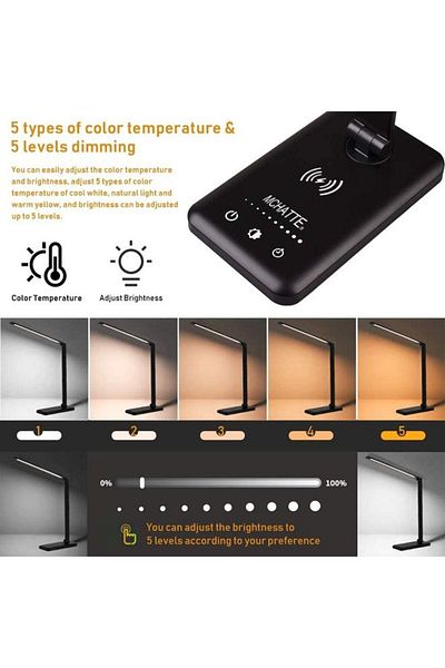 COOYA LED foldable eye-protection desk lamp, touch control, 5-level dimming, 3 color temperatures, black