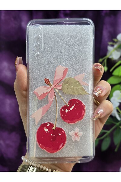 Magic Ring Samsung Galaxy A70 Uyumlu Kiraz ve Kurdele Desenli Şeffaf Telefon Kılıfı