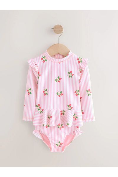 Next Baby Sun Proof Upf50 One Piece Pink Strawberry Print Long Sleeve Swimsuit Alyab7039