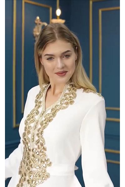 Marvella By Rasha Golden embroidery line in the meddle of kaftan
