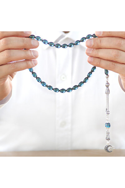 Tesbihane مسبحة صلاة معدنية غير مشوهة على شكل نجمة وهلال وشرابة وقطع الشعير باللون الفيروزي والنار والعنبر