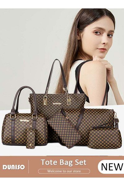 Generic DUNISO 6 Pcs Handbags Set for Women, Dark Brown PU Leather Printing Pattern Purse Sets