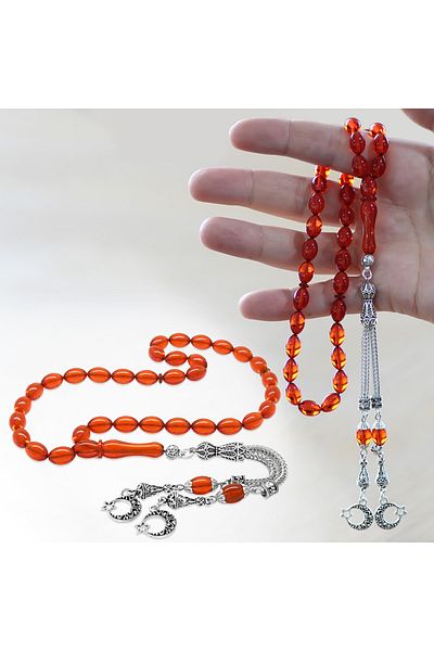 Tesbihane Tarnish Metal Crescent Star Tasseled Barley Cut Amber Red Fire Amber Prayer Beads