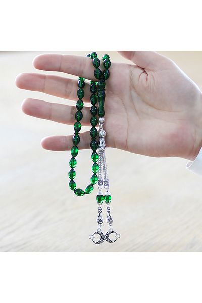 Tesbihane Tarnish Free Metal Rope Tufted Barley Cut Emerald Green Fire Amber Prayer Beads