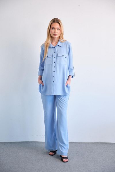 BUSA Maternity Loose Wide Leg Adjustable Waist Shirt Set Blue