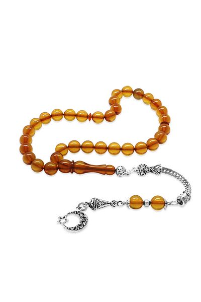 Tesbihane Non-Tarnish Metal Crescent Star Tasseled Globe Cut Yellow Fire Amber Prayer Beads