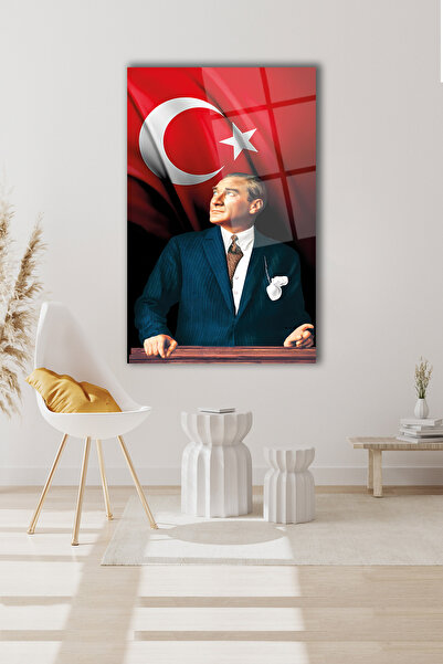 home dekors Atatürk Portresi ve Türk Bayrağı Dikey Cam Tablo, Ev, İş, Kurum, Ofis, Makam Odası Hediyelik Tablo